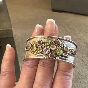 Elegant Silver Cuff Bracelet with Multicolor Gemstones